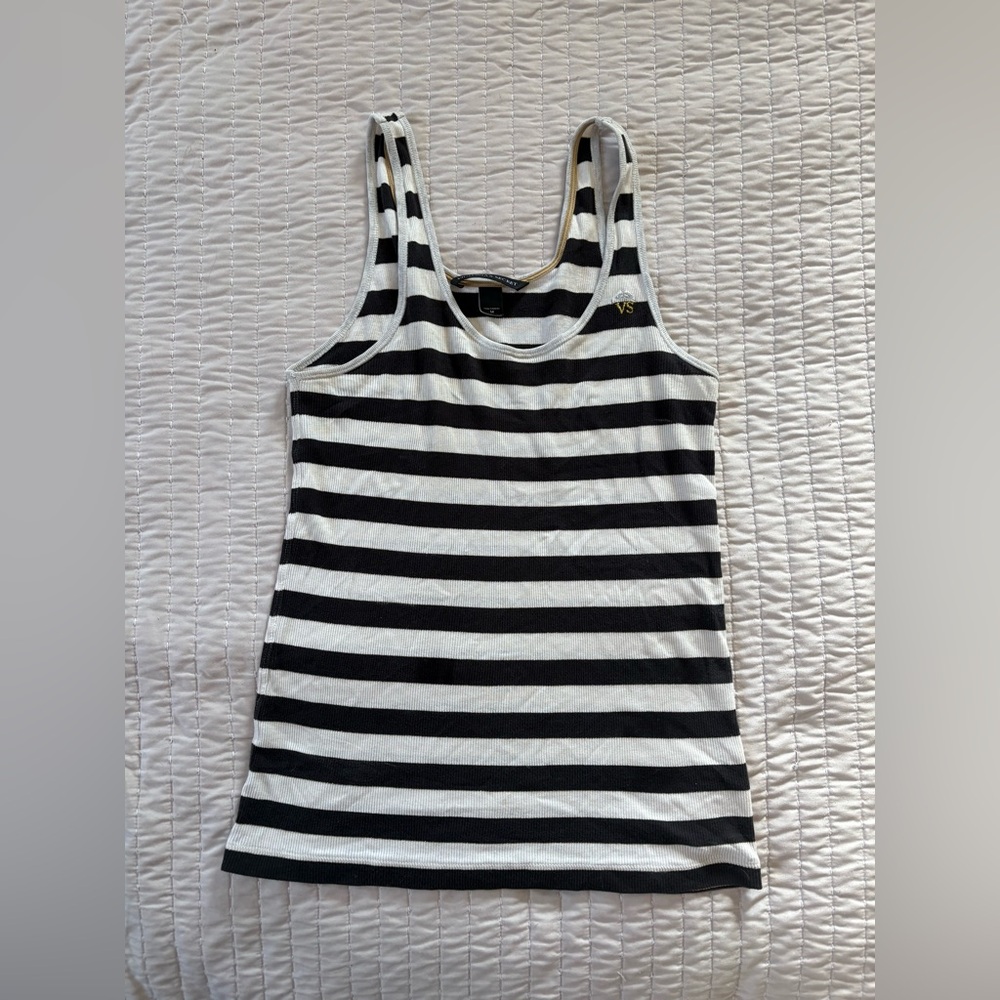 Vintage Y2K Victoria's Secret Black & White Striped Tank Top with crown VS logo